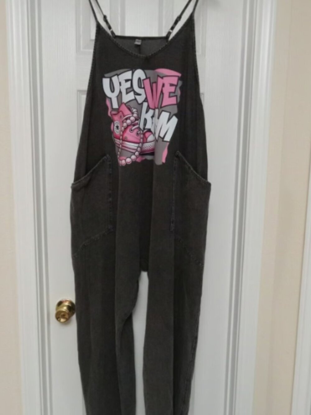 Denim Drop Crotch Jumpsuit Romper Gray w/YES WE KAM Graphic Print XL
